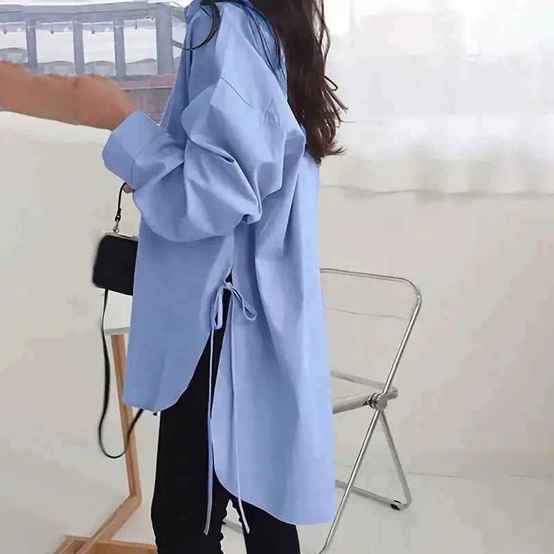 Women Casual Solid Color Loose Long Sleeve Side Slit Tie Button Shirt