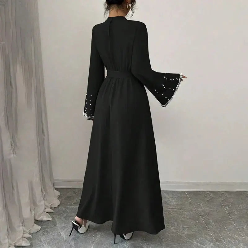 Women Elegant Shiny Embellished Belted Turtleneck Long Sleeve Maxi Dress