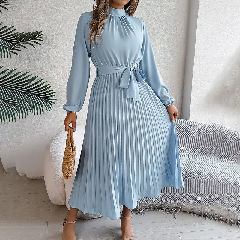 Elegant Solid Color High Collar Long Sleeve Pleated Flowing Dress