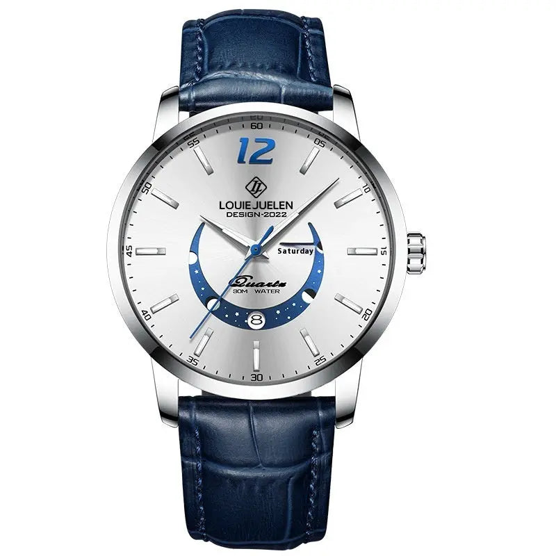 Master Moon Phase Luminous Waterproof Wrist Watch Men's Fashion Genuine Leather Strap Quartz Watch - Abysaz Kollectionz