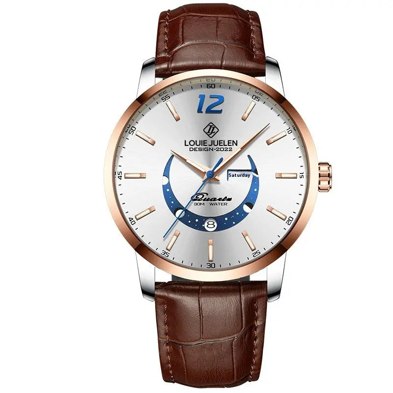 Master Moon Phase Luminous Waterproof Wrist Watch Men's Fashion Genuine Leather Strap Quartz Watch - Abysaz Kollectionz