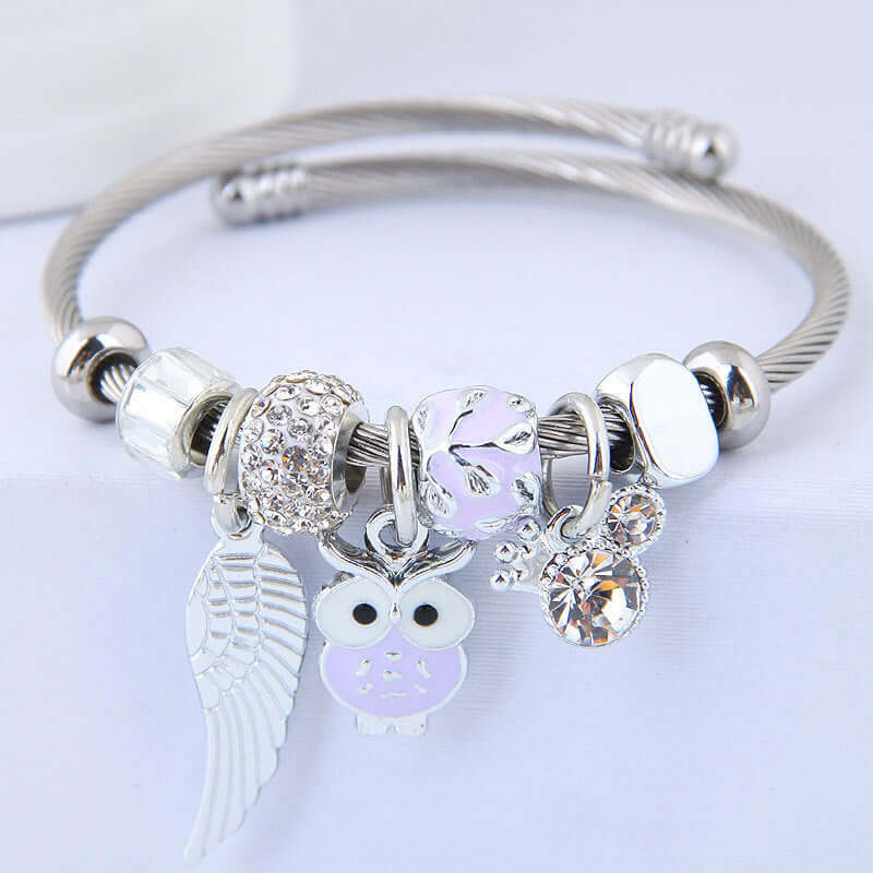 Abysaz Kollectionz DIY Beaded Owl Angel Wings Pendant Stainless Steel Bracelet - Abysaz Kollectionz