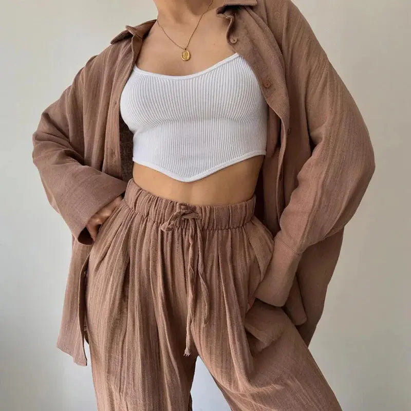 Women Casual Loose Solid Color Lapel Long Sleeve Shirt and High Waist Pants Set