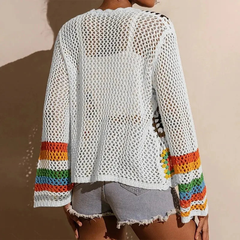 Women Elegant Crochet Cardigan - Long Sleeve Open Front Vibrant Color Block Coat
