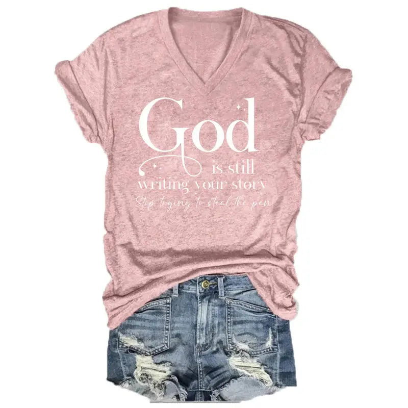 Women Summer Casual V-Neck "God" Letter Print Short Sleeves