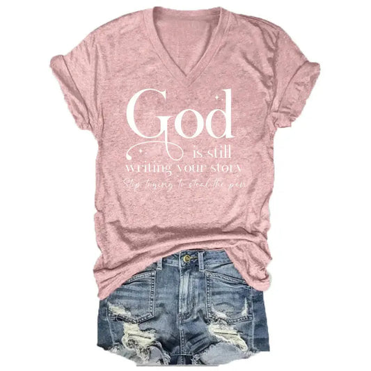 Women Summer Casual V-Neck "God" Letter Print Short Sleeves