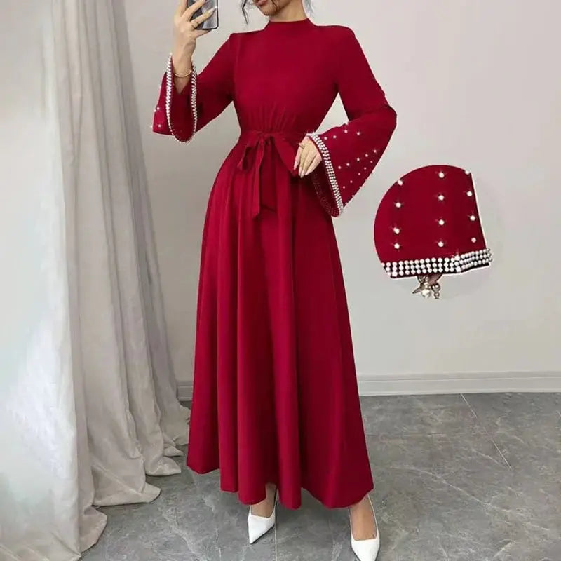 Women Elegant Shiny Embellished Belted Turtleneck Long Sleeve Maxi Dress