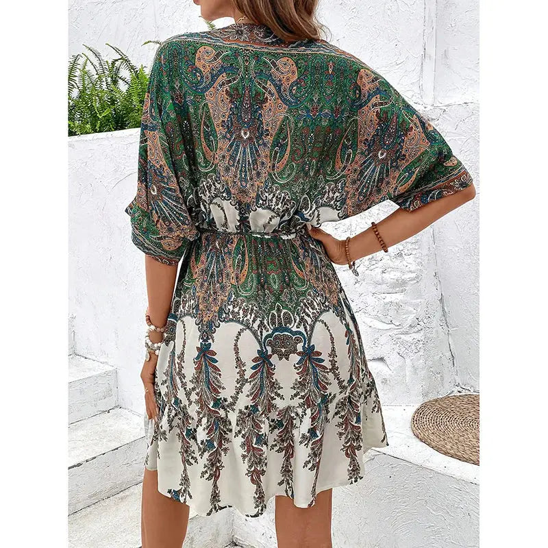 Women V-Neck Tie Front Short Sleeve Floral A-Line Beach Bohemian Flowy Waist Dress