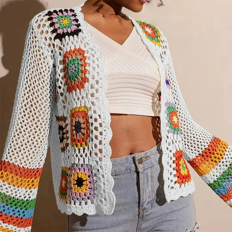 Women Elegant Crochet Cardigan - Long Sleeve Open Front Vibrant Color Block Coat
