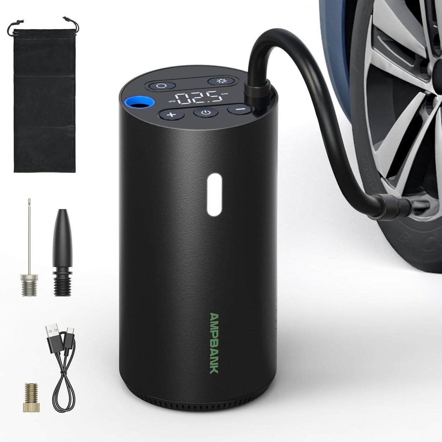 AMPBANK AT004 Smart Portable Tire Air Pump For Cars, Motorcycles, Bicycles And Balls With Pressure Gauge And LED Screen For Fast Inflation - Abysaz Kollectionz