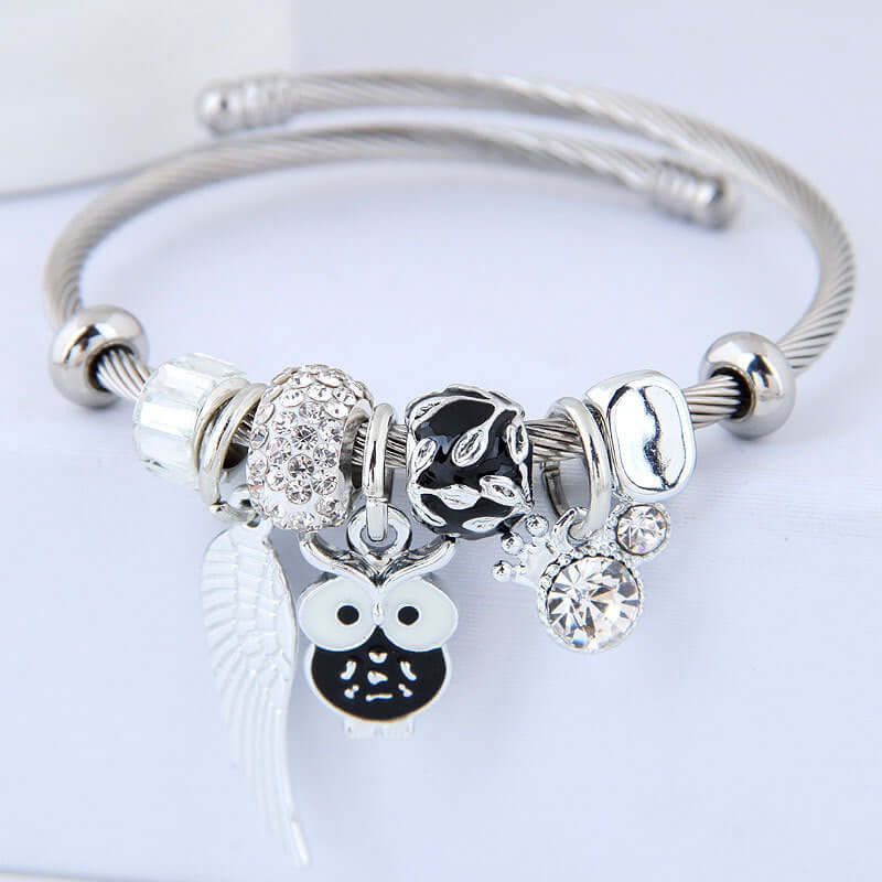 Abysaz Kollectionz DIY Beaded Owl Angel Wings Pendant Stainless Steel Bracelet - Abysaz Kollectionz