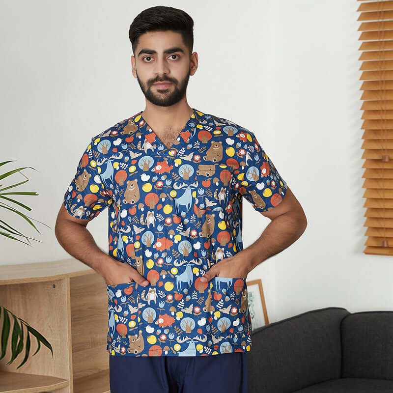 Men's And Women's V-neck Printed Surgical Clothes, Hand Washing Clothes, Work Clothes, Short Sleeves Abysaz Kollectionz