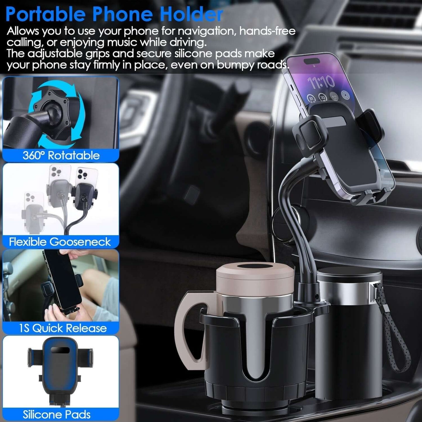 Abysaz Kollectionz 1Pc 2 In 1 Car Cup Phone Holder Automotive Drink Holder With 360 Degree Rotating Gooseneck Phone Mount Adjustable Base Fit For Most Phones Cups Vehicles Abysaz Kollectionz