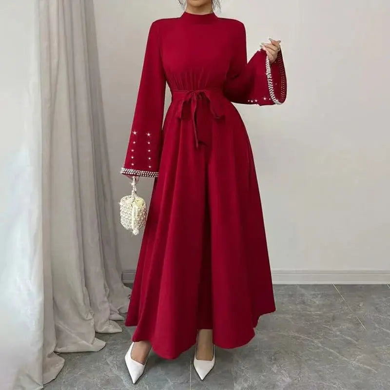 Women Elegant Shiny Embellished Belted Turtleneck Long Sleeve Maxi Dress