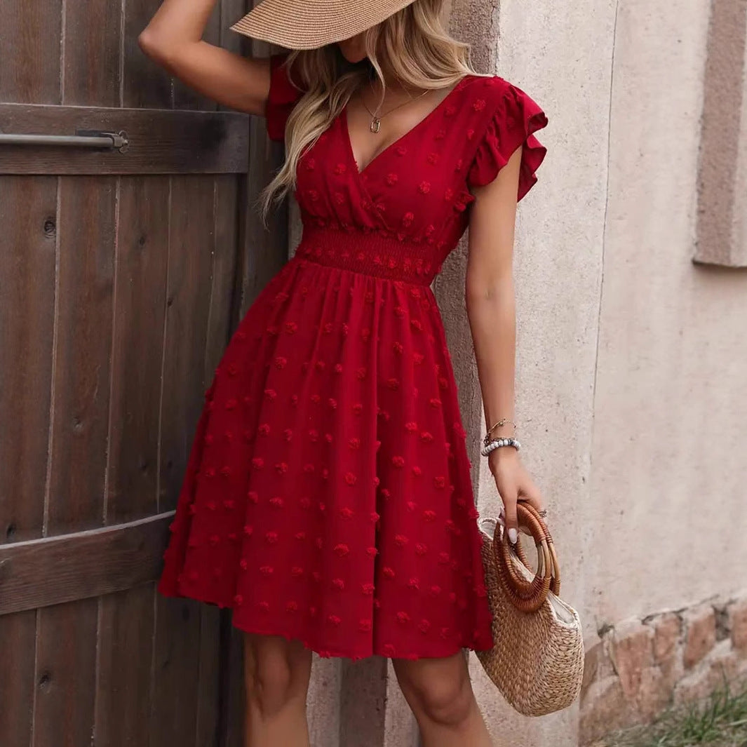 Jacquard Big Fur Ball Elastic Waist Ruffle Sleeve Short Sleeve V-neck Dress Abysaz Kollectionz
