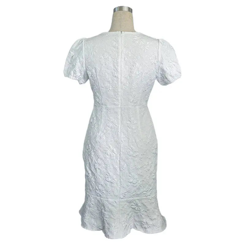 Women Short Puff Sleeve round Neck Ruffle Hem Floral Jacquard Slim Fit Dress