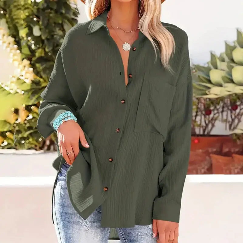 Women Casual Simple Solid Color V-Neck Textured Button Long Sleeve Shirt