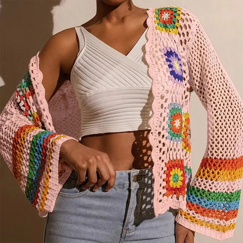 Women Elegant Crochet Cardigan - Long Sleeve Open Front Vibrant Color Block Coat