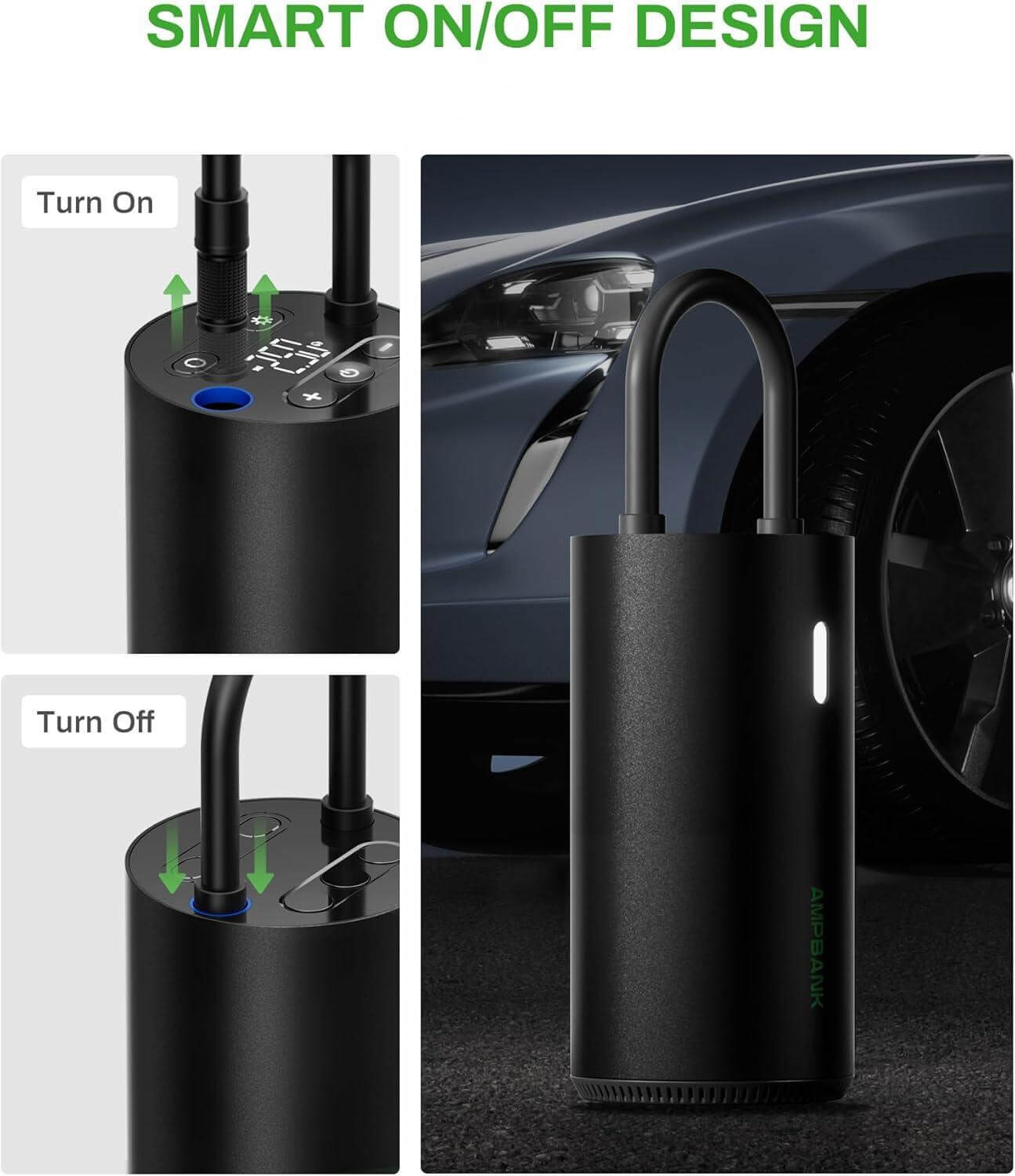 AMPBANK AT004 Smart Portable Tire Air Pump For Cars, Motorcycles, Bicycles And Balls With Pressure Gauge And LED Screen For Fast Inflation - Abysaz Kollectionz