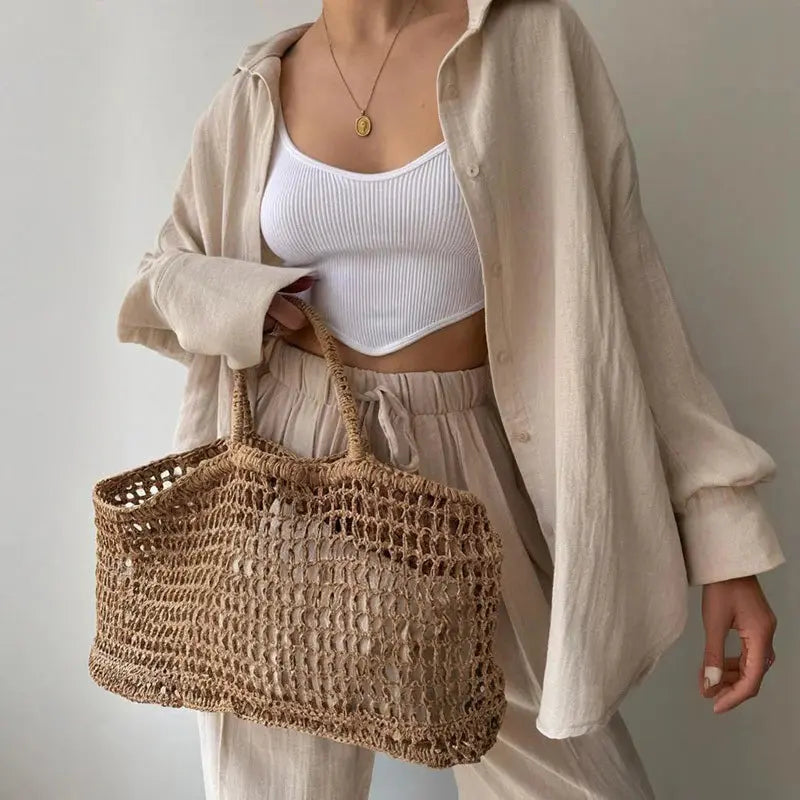 Women Casual Loose Solid Color Lapel Long Sleeve Shirt and High Waist Pants Set