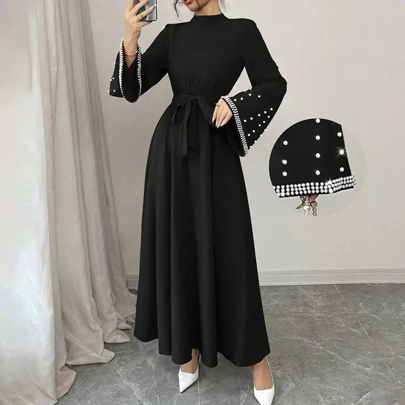 Women Elegant Shiny Embellished Belted Turtleneck Long Sleeve Maxi Dress