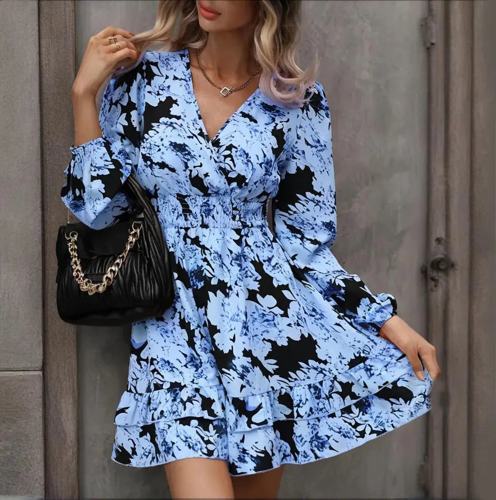Women Elegant Printed Lantern Sleeve A-Line Dress V-Neck, Ruffle Waist Detail, Flowy Midi Dress