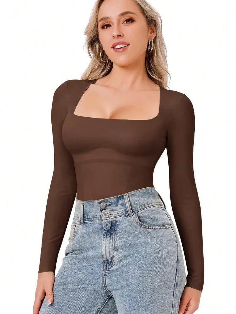 Women Long Sleeve Square Neck Tummy Shaper Bodysuit Sexy Slimming Elegant Underwear