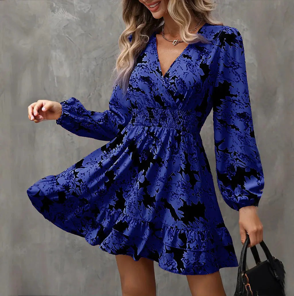 Women Elegant Printed Lantern Sleeve A-Line Dress V-Neck, Ruffle Waist Detail, Flowy Midi Dress