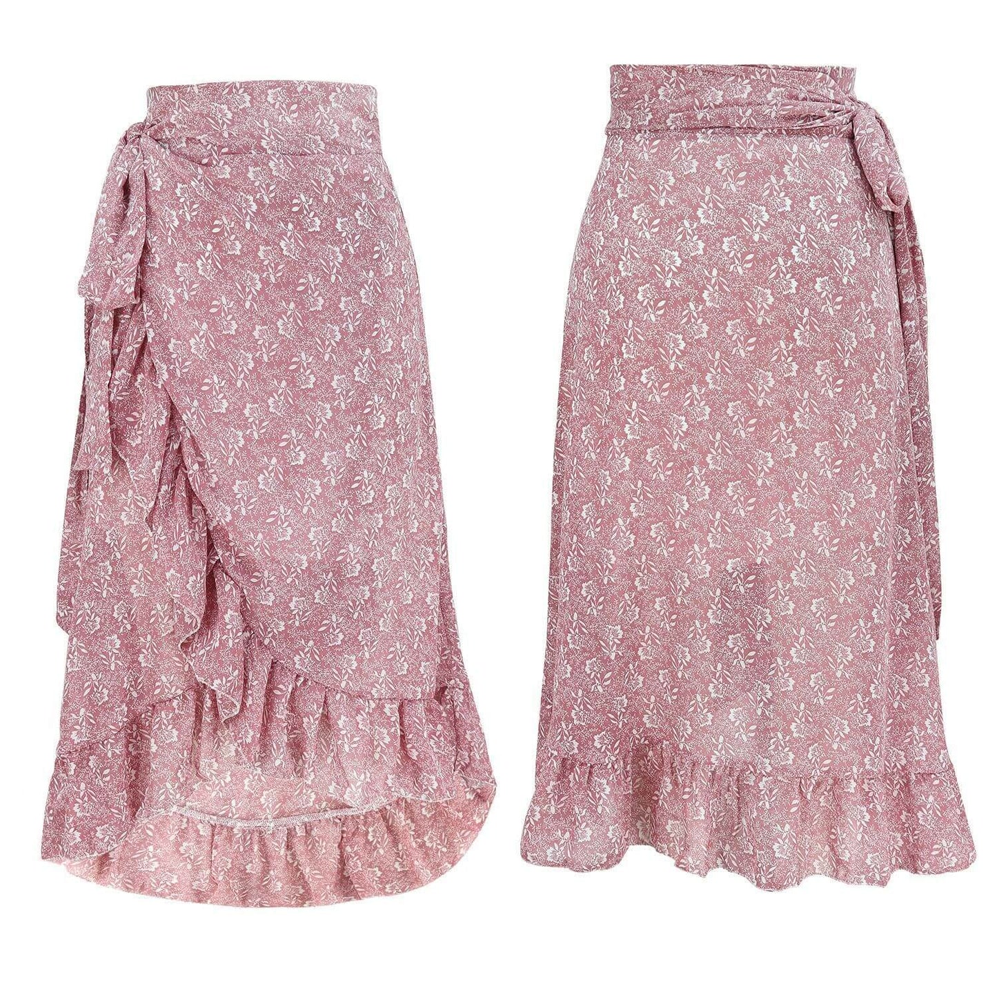Woman Skirts High Waist Fashion Long Black Knotted Tied Wrap Floral Ruffle Chiffon A-Line Split Skirt Spring Summer Clothes - Abysaz Kollectionz