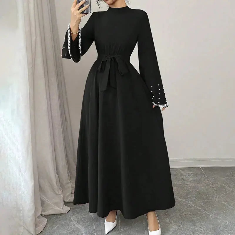 Women Elegant Shiny Embellished Belted Turtleneck Long Sleeve Maxi Dress