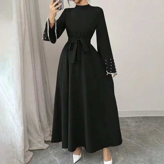 Women Elegant Shiny Embellished Belted Turtleneck Long Sleeve Maxi Dress