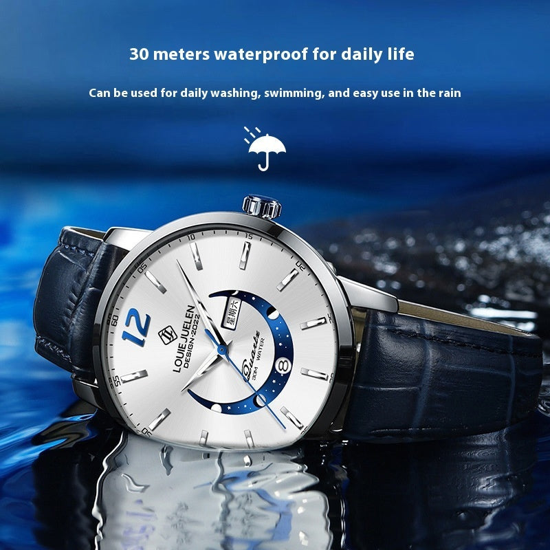 Master Moon Phase Luminous Waterproof Wrist Watch Men's Fashion Genuine Leather Strap Quartz Watch Abysaz Kollectionz