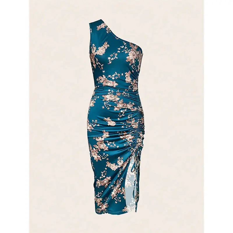 Summer Women One Shoulder Pleated High Slit Floral Slim Dress