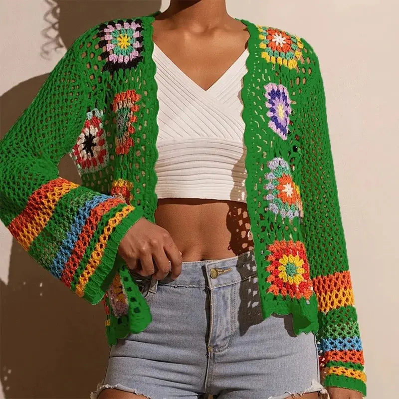Women Elegant Crochet Cardigan - Long Sleeve Open Front Vibrant Color Block Coat
