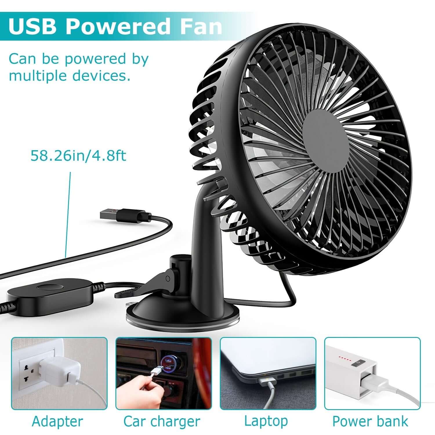 Abysaz Kollectionz 1Pc Car Cooling Fan Portable Rotatable USB Vehicle Fan Backseat Clip Fan Dashboard Window Suction Fan For SUV RV Pickup With 3 Speeds - Abysaz Kollectionz