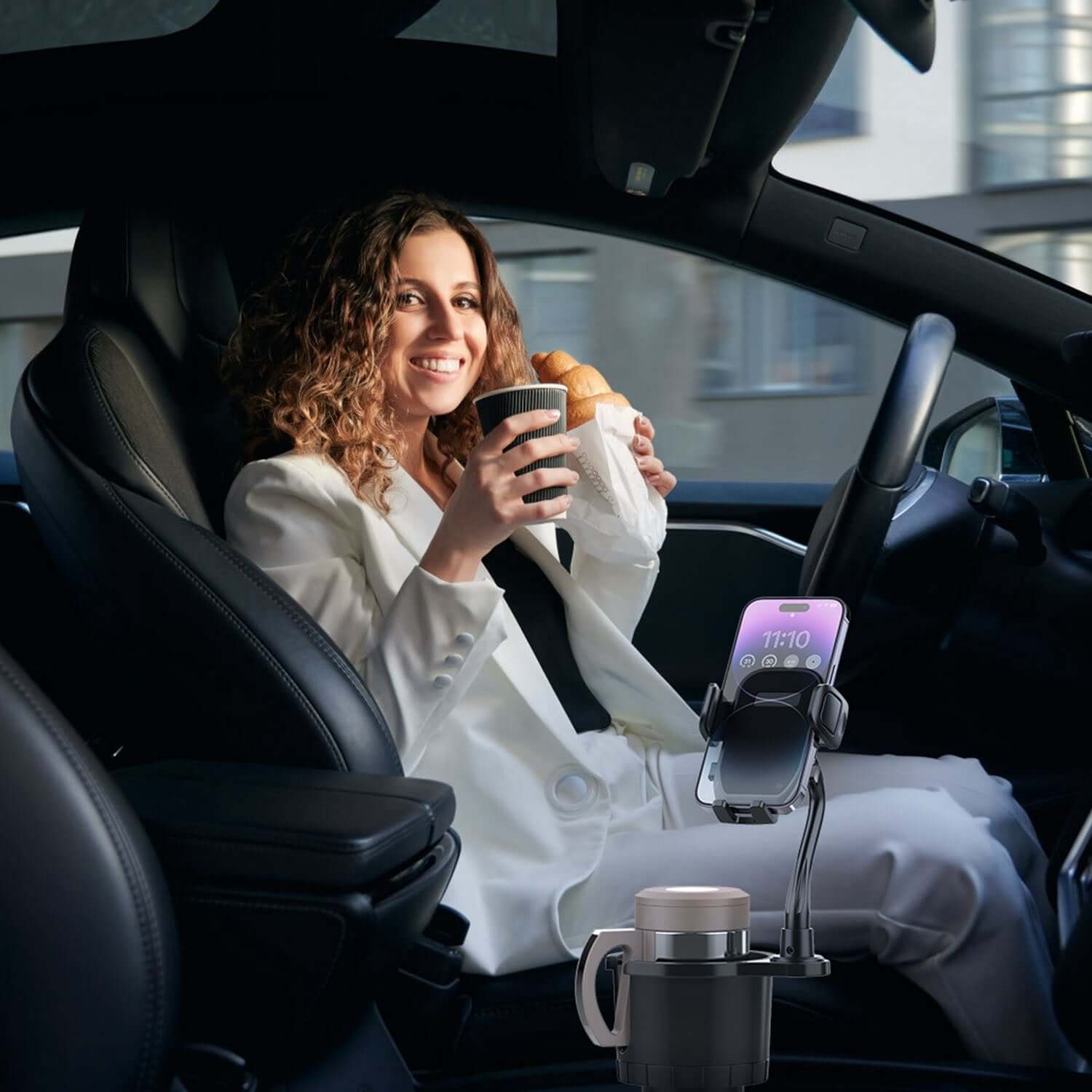 Abysaz Kollectionz 1Pc 2 In 1 Car Cup Phone Holder Automotive Drink Holder With 360 Degree Rotating Gooseneck Phone Mount Adjustable Base Fit For Most Phones Cups Vehicles Abysaz Kollectionz