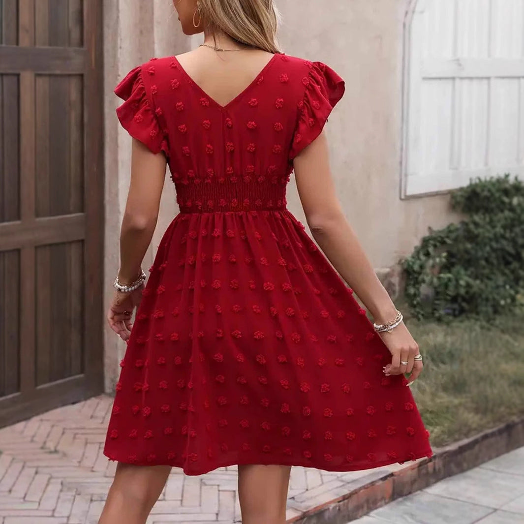 Jacquard Big Fur Ball Elastic Waist Ruffle Sleeve Short Sleeve V-neck Dress Abysaz Kollectionz