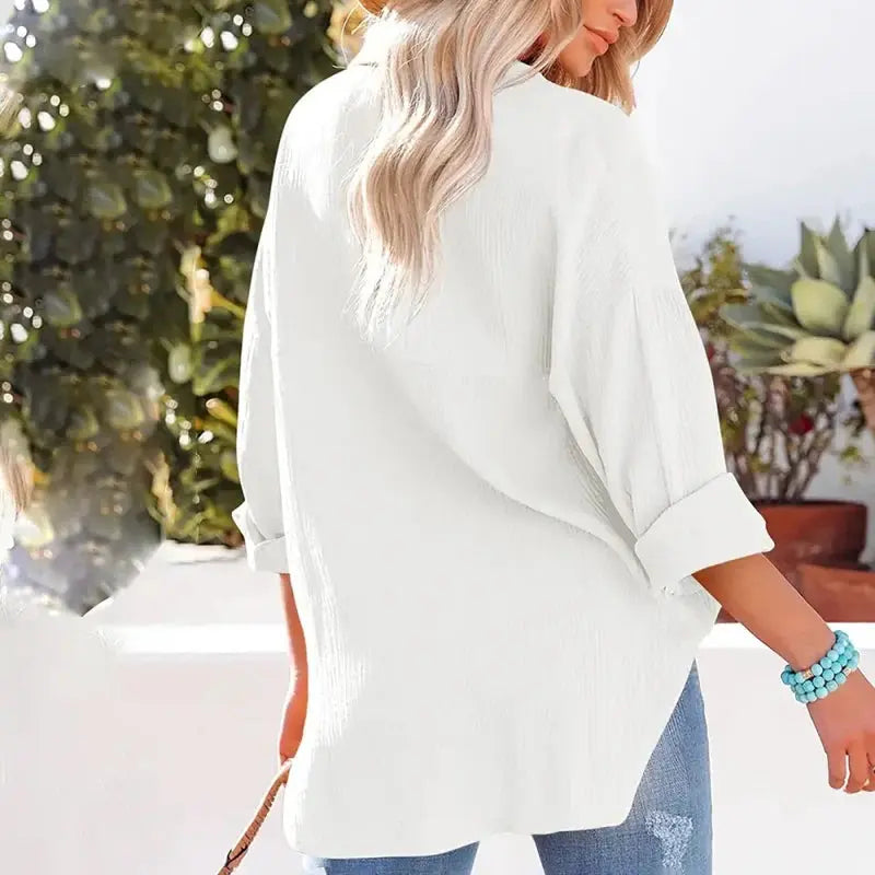 Women Casual Simple Solid Color V-Neck Textured Button Long Sleeve Shirt