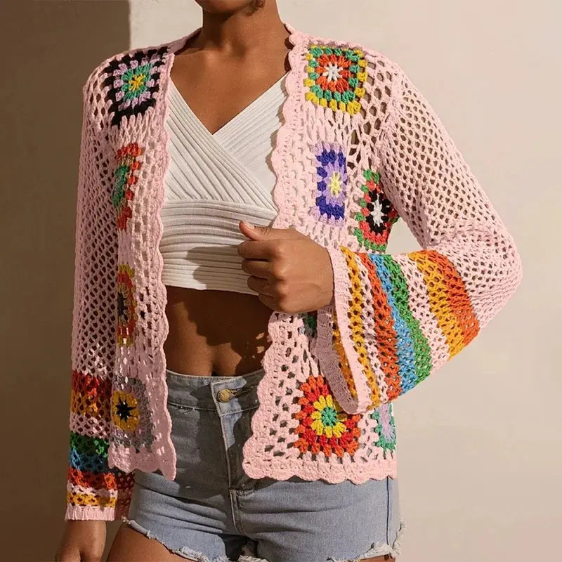 Women Elegant Crochet Cardigan - Long Sleeve Open Front Vibrant Color Block Coat