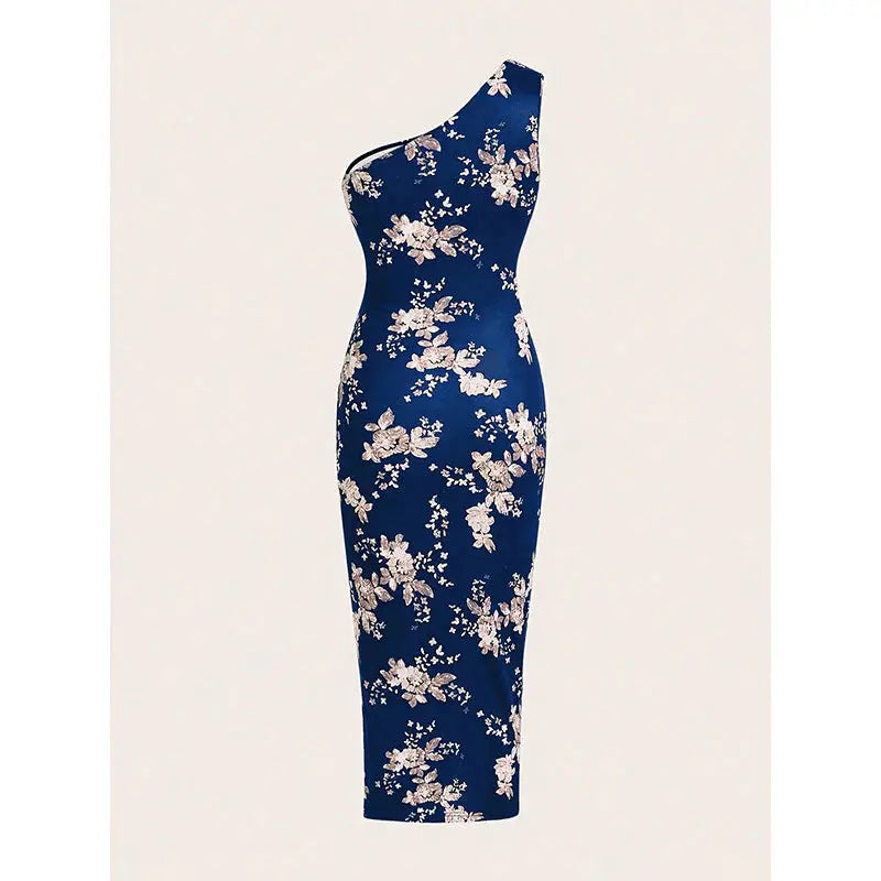 Summer Women One Shoulder Pleated High Slit Floral Slim Dress