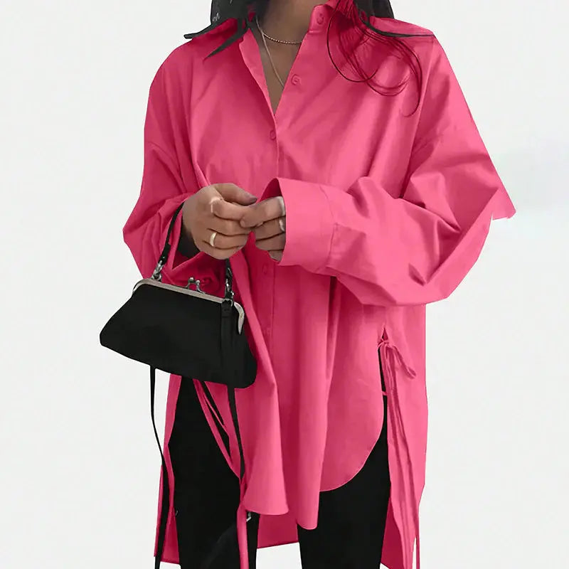 Women Casual Solid Color Loose Long Sleeve Side Slit Tie Button Shirt