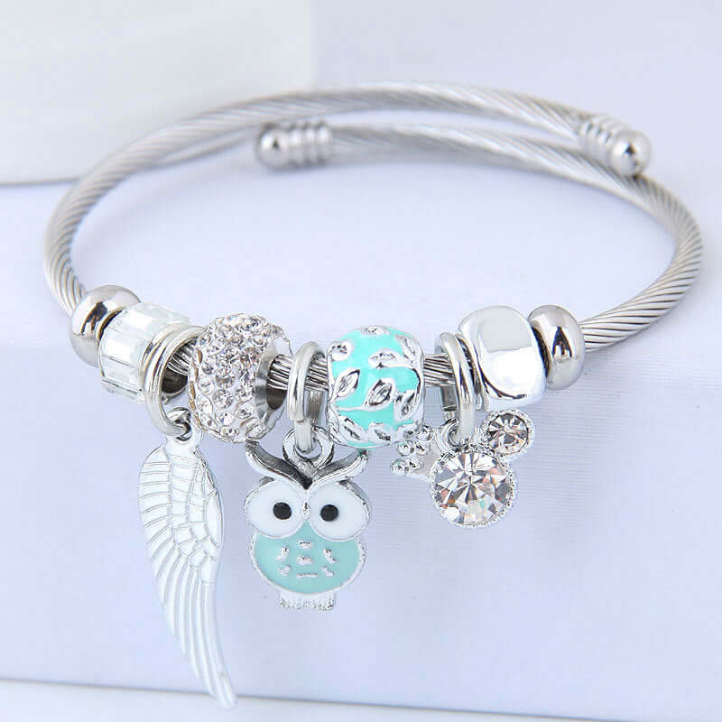 Abysaz Kollectionz DIY Beaded Owl Angel Wings Pendant Stainless Steel Bracelet - Abysaz Kollectionz