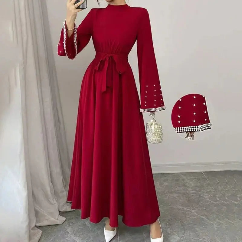Women Elegant Shiny Embellished Belted Turtleneck Long Sleeve Maxi Dress