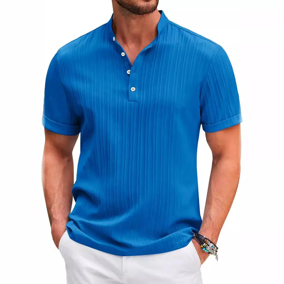 Summer Stand Collar Buttons Short Sleeve T-shirt Solid Color Stripe POLO Shirt Fashion Casual Beach Clothing For Men - Abysaz Kollectionz