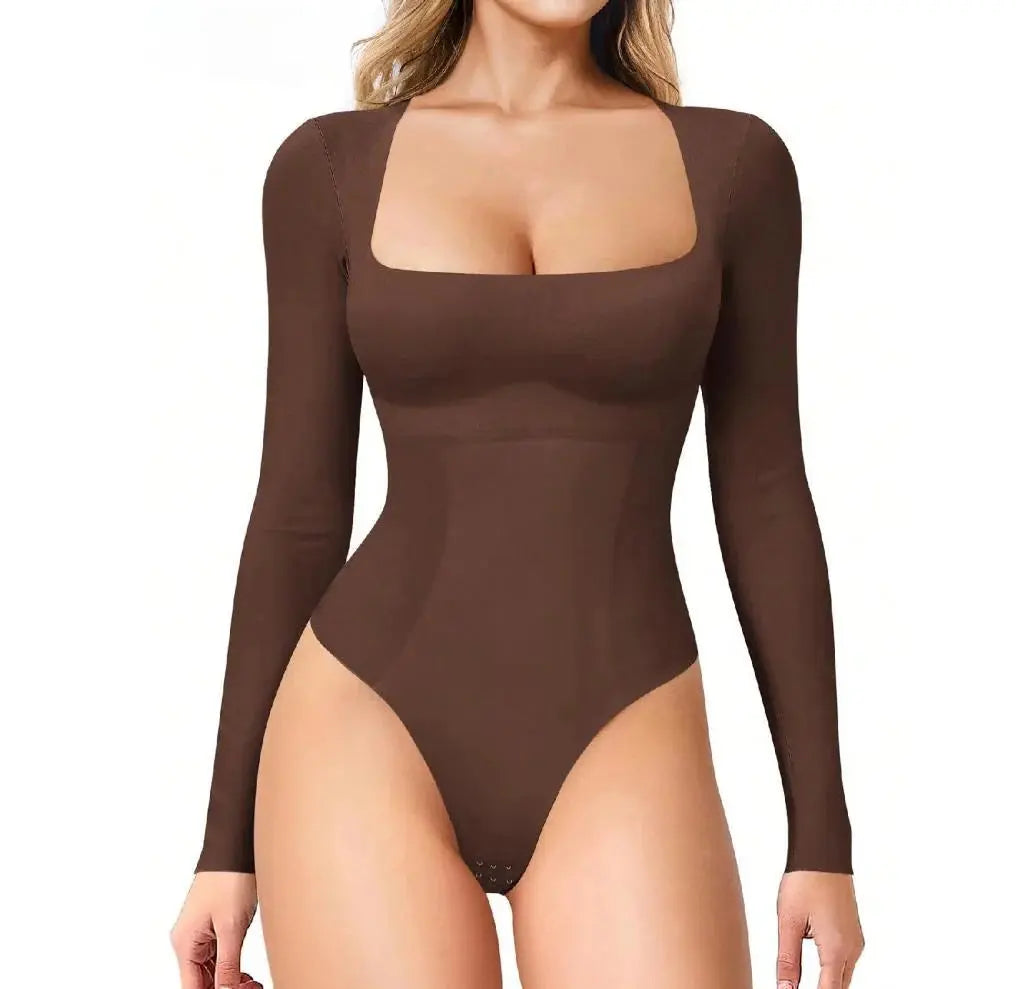 Women Long Sleeve Square Neck Tummy Shaper Bodysuit Sexy Slimming Elegant Underwear