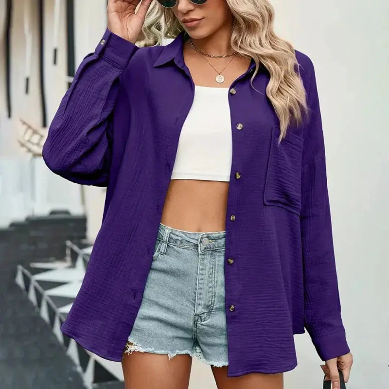Women Casual Simple Solid Color V-Neck Textured Button Long Sleeve Shirt