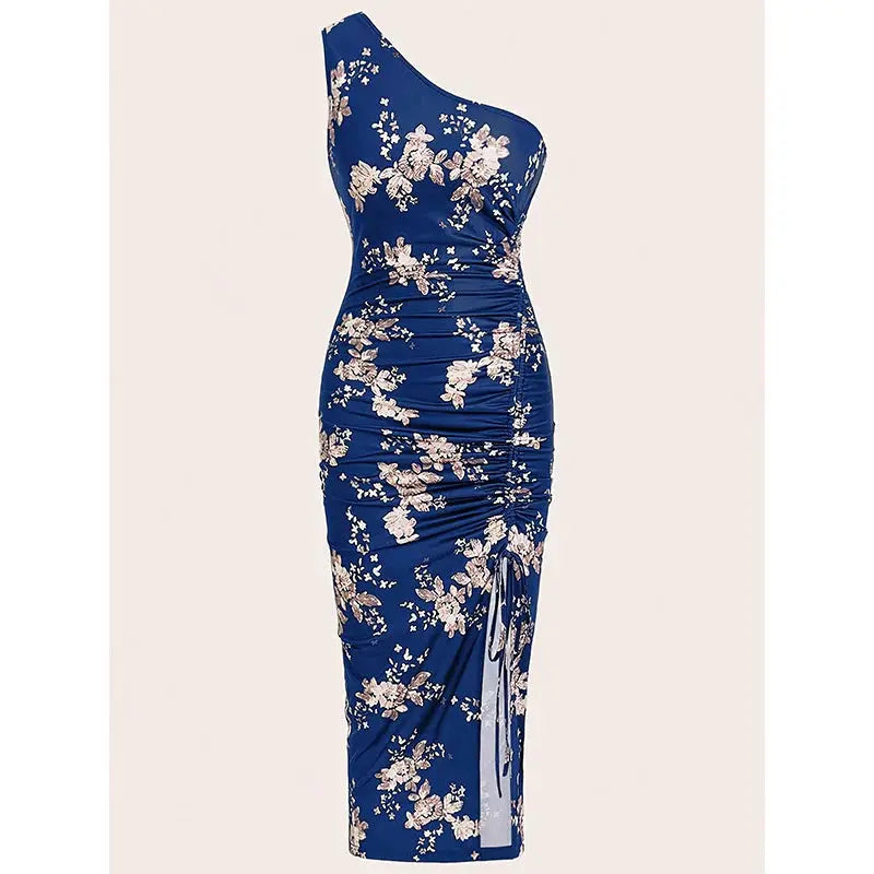 Summer Women One Shoulder Pleated High Slit Floral Slim Dress