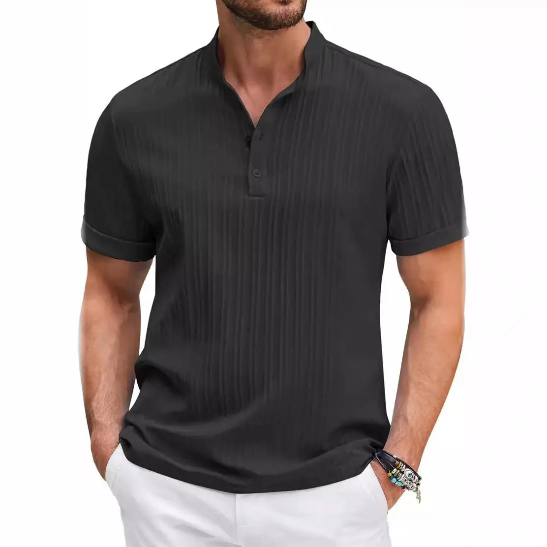 Summer Stand Collar Buttons Short Sleeve T-shirt Solid Color Stripe POLO Shirt Fashion Casual Beach Clothing For Men - Abysaz Kollectionz