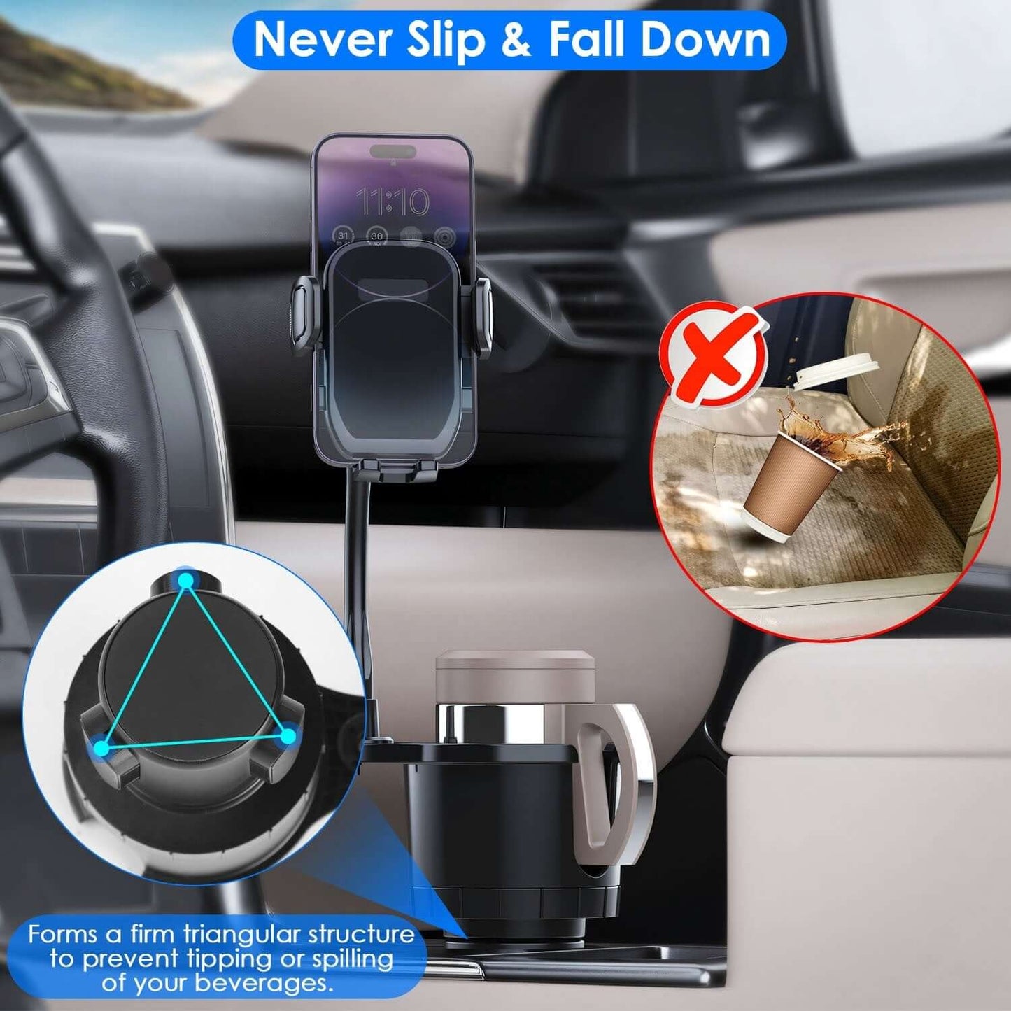 Abysaz Kollectionz 1Pc 2 In 1 Car Cup Phone Holder Automotive Drink Holder With 360 Degree Rotating Gooseneck Phone Mount Adjustable Base Fit For Most Phones Cups Vehicles Abysaz Kollectionz