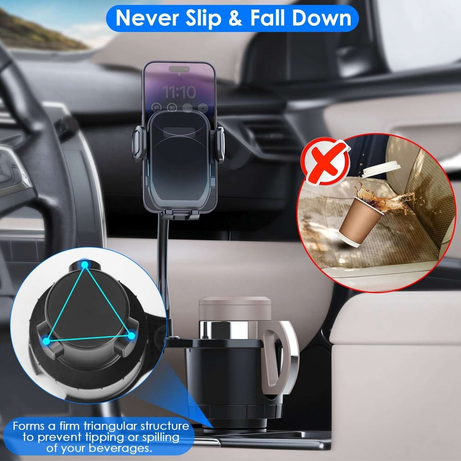 Abysaz Kollectionz 1Pc 2 In 1 Car Cup Phone Holder Automotive Drink Holder With 360 Degree Rotating Gooseneck Phone Mount Adjustable Base Fit For Most Phones Cups Vehicles Abysaz Kollectionz